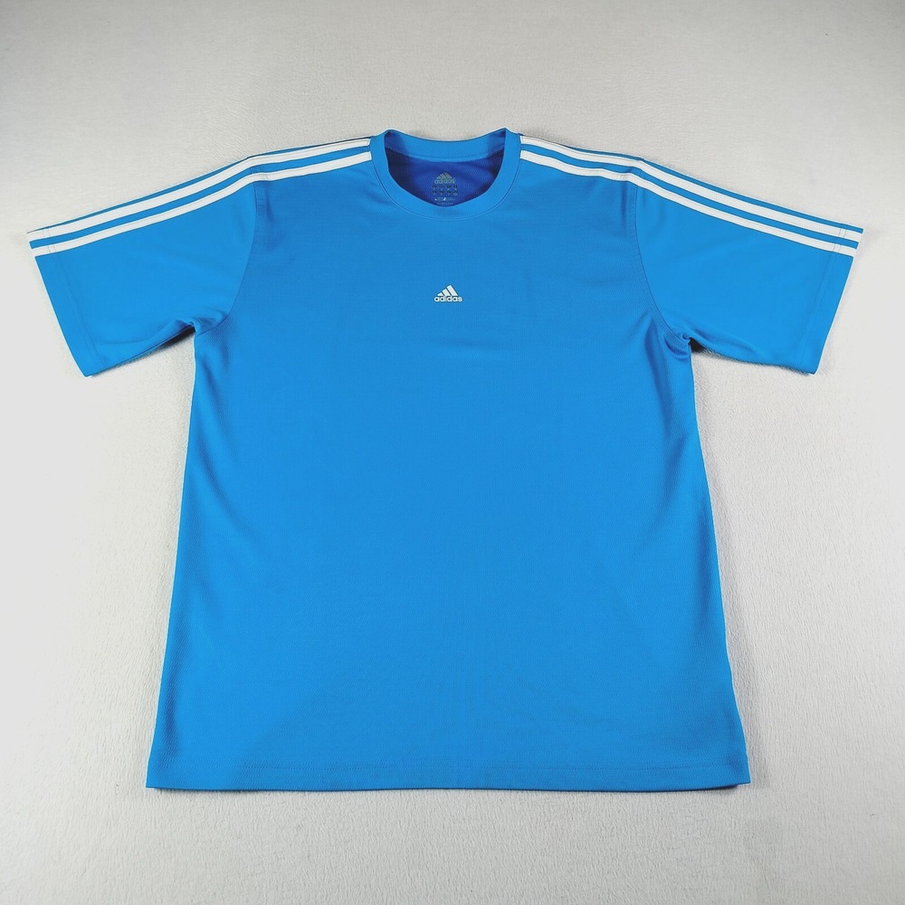 Adidas T Shirt Mens M Blue Spell Out Logo Jersey Stiped Short Sleeve Crew Neck